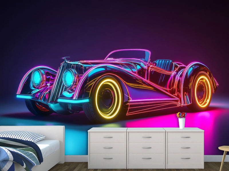 Self-Adhesive Wall Mural for Home Interior Peel and Stick Wallpaper Retro Car in Neon Lights Prant for Bedroom or Gym