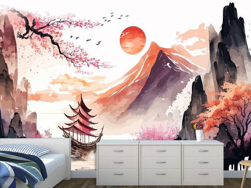 Non-Woven Wall Mural Art Print "Chinese Painting Style", Photo Wallpaper for Decorating Bedroom, Living Room 🖌️🌸