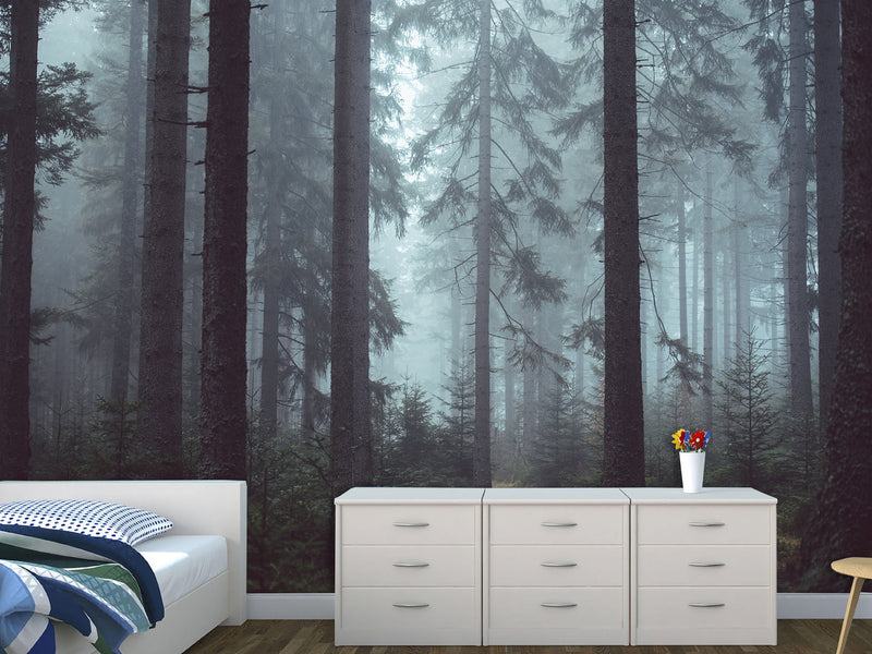 Stylish Wallpaper with Natural Print, Wall Mural for Home 'Forest in the Mist', Non-Woven Wall Mural with Design