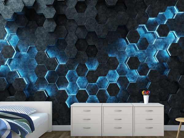 Non-Woven Wallpaper for Office & Home Workspace – Modern Wall Decor – Black-Blue Hexagons