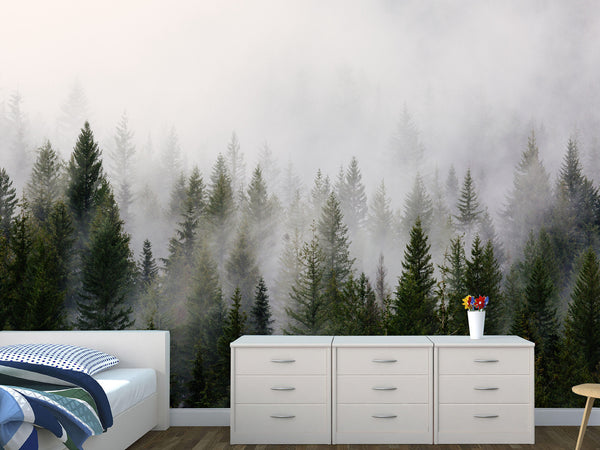 Peel & Stick Mural in-house production "Pine Forest in Fog" – Bedroom & Living Room