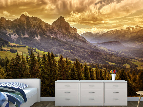 Traditional Full Wall Mural for Lounge or Bedroom – Mountains, Valleys, and Forest Landscape