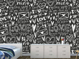 Black And White Graffiti Vinyl Wallpaper Peel and Stick For Room, Creative Space "Letters Of Love" ✉️