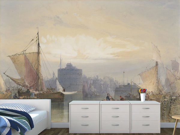 Self-Adhesive Wall Mural Full Wall Accent Wallpaper for Living Room or Bedroom Design "Fishing Boats Waiting for the Tide, Port of Havre"