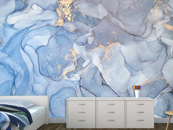 Peel and Stick Wallpaper Design For Lounge Area Or Home Office Mural “Gold And Blue Abstract Swirls”