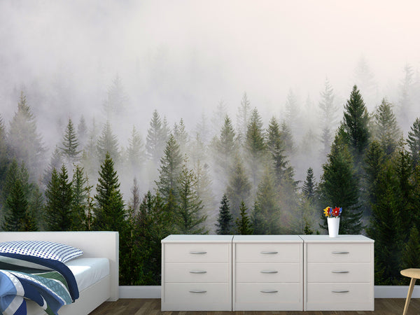 Peel and Stick beautiful photo wallpaper “Misty Forest”, Peel and Stick Oracal film for the room