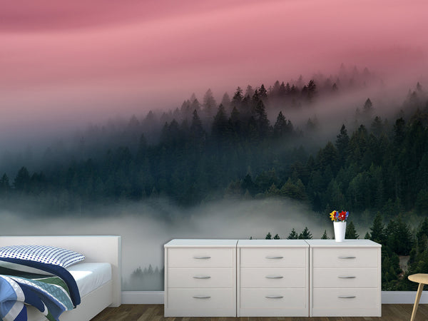 Peel & Stick Wall Mural – "Emerald Sky Over the Foggy Forest",  Vinyl Wallpaper For  Living Room, Bedroom, Or Stylish Home Interior Decor