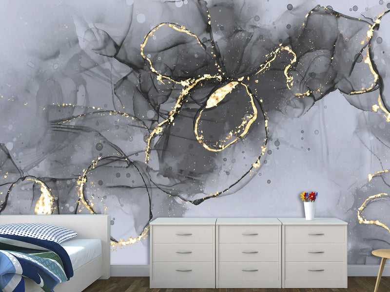 Abstract Style Full Wall Traditional Mural "Grey and Gold Blizzard" For Living Room, Relax Zone, Bedroom