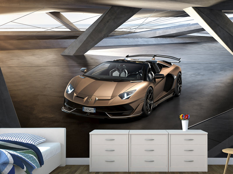 Premium Non-Woven Wallpaper for Teen Room - Lamborghini Aventador Gold 3D Wall Mural
