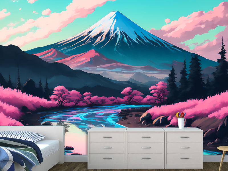 Artistic Design Vinyl Wallpaper Peel and Stick Wall Mural for Living Room, Office, Perfect for Creative Space "Mount Fuji in Anime Style" 🎨