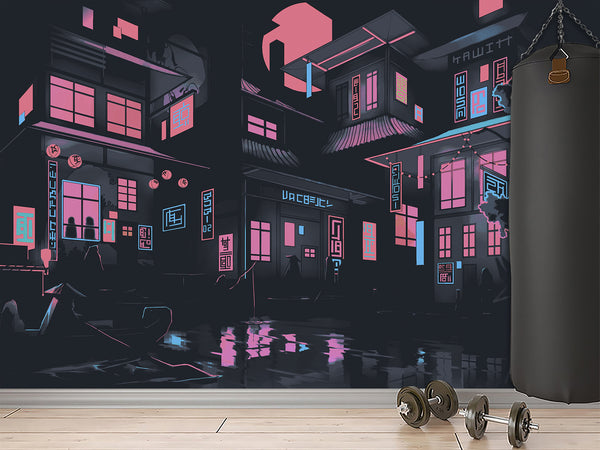 Neon City At Night – Modern Traditional Wall Mural For Interior Design 🌃