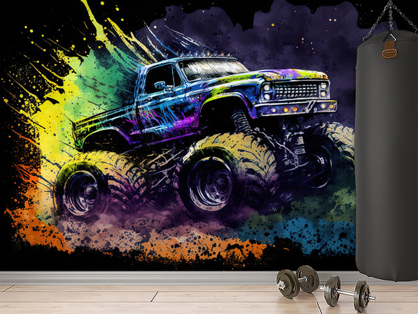 Full-Size Traditional Wallpaper Bold Decor for Workout Room or Office Epic Monster Truck Print Mural