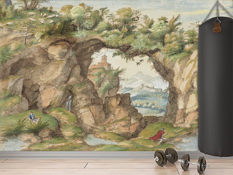 Non-Woven Art Wallpaper – “A Rocky Arch by a Stream” by Gherardo Cibo – Wall Mural for Living Room, Bedroom & Office