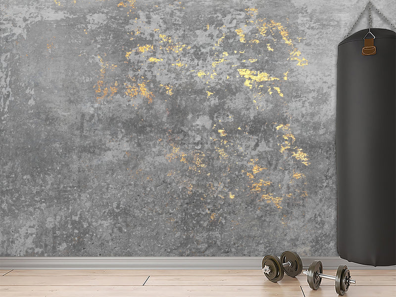 Traditional Full Wall Mural – Concrete and Gold Abstract Wall Design for Gym or Office