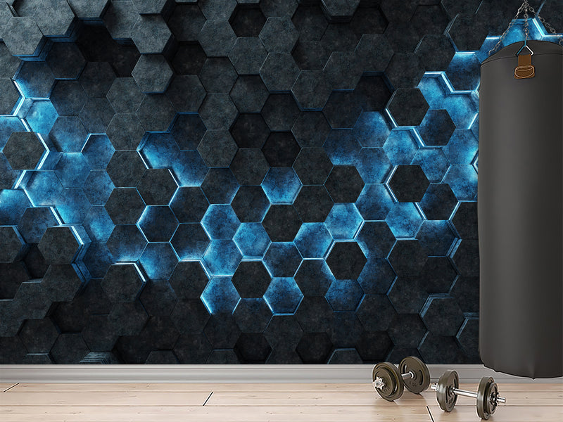 Non-Woven Wallpaper for Office & Home Workspace – Modern Wall Decor – Black-Blue Hexagons