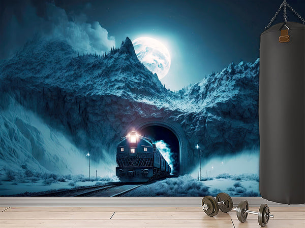 Full-Size Traditional Wallpaper Mural For Bedroom Or Living Room - Print Polar Express In Mountain Tunnel