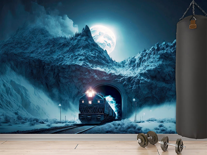 Full-Size Traditional Wallpaper Mural For Bedroom Or Living Room - Print Polar Express In Mountain Tunnel