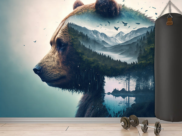 Peel and Stick for Office or Fitness Room Brown Bear in Mountain Forest