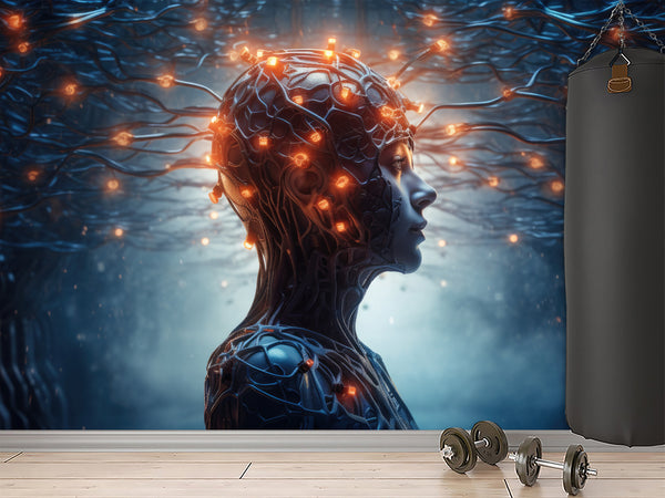 Futuristic Peel & Stick Wall Mural for Living Room, Office, or Gym – 'AI: Thoughts and Data'"