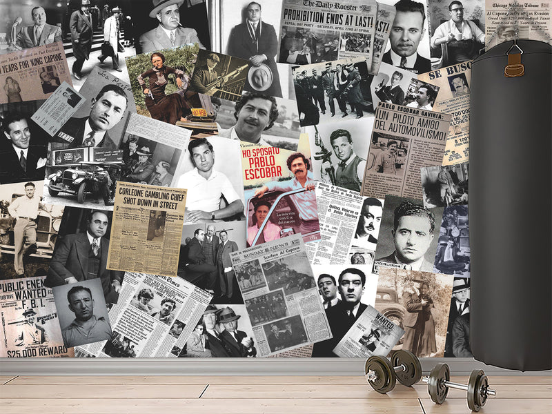 Traditional Mural Wallpaper for Gym, Office, or Lounge – "Gangster Poster Collage", Vintage Wallpaper Featuring Crime Bosses