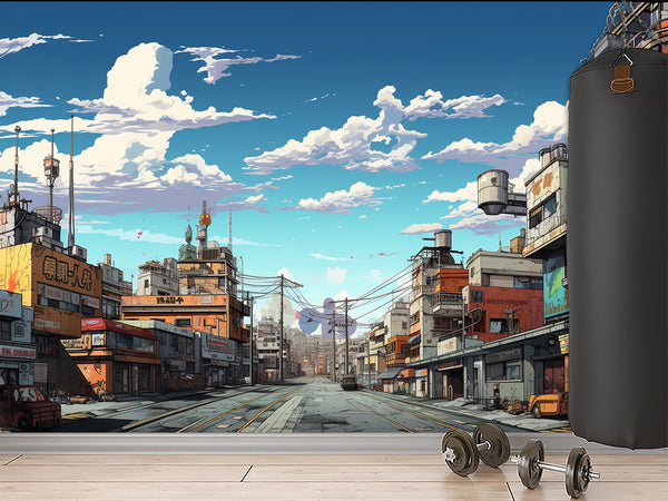 Modern Self-Adhesive Wallpaper – "Anime-Style City" Art Design for Bedroom or Living Room