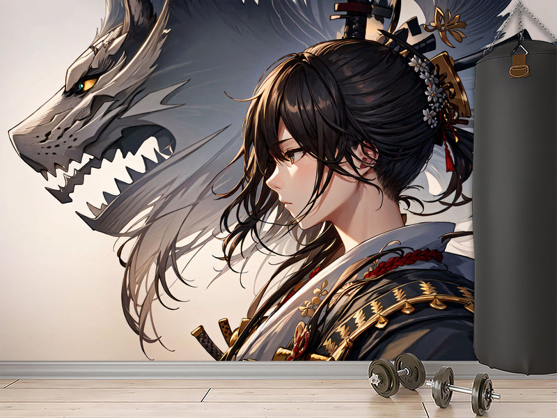 Traditional Anime-Style Wall Mural – "Samurai Girl" for Office or Living Room, Non-Woven Wallpaper