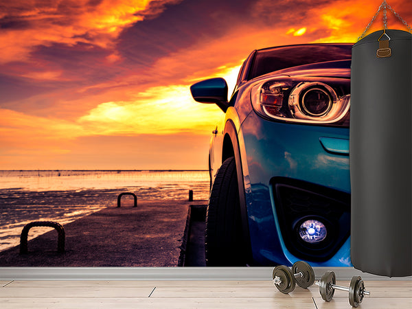 Non-Woven Photo Wallpaper Design For Gym, Living Room, Lounge Area "SUV On The Pier Lit By Sunset"