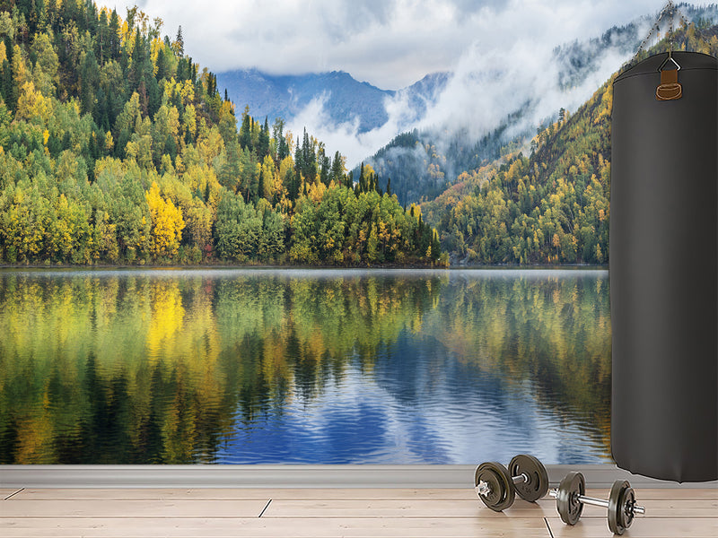 Stylish Modern Non-Woven Wallpaper 'Mountain Lake Serenity' – Wall Mural for Bedroom or Living Room
