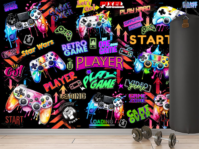 Modern Vibrant Vinyl Wallpaper Peel and Stick “Adrenaline of Victory” – Perfect for Video Game Lovers, Bedroom, Living Room, and Kids’ Room Desing