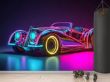Self-Adhesive Wall Mural for Home Interior Peel and Stick Wallpaper Retro Car in Neon Lights Prant for Bedroom or Gym