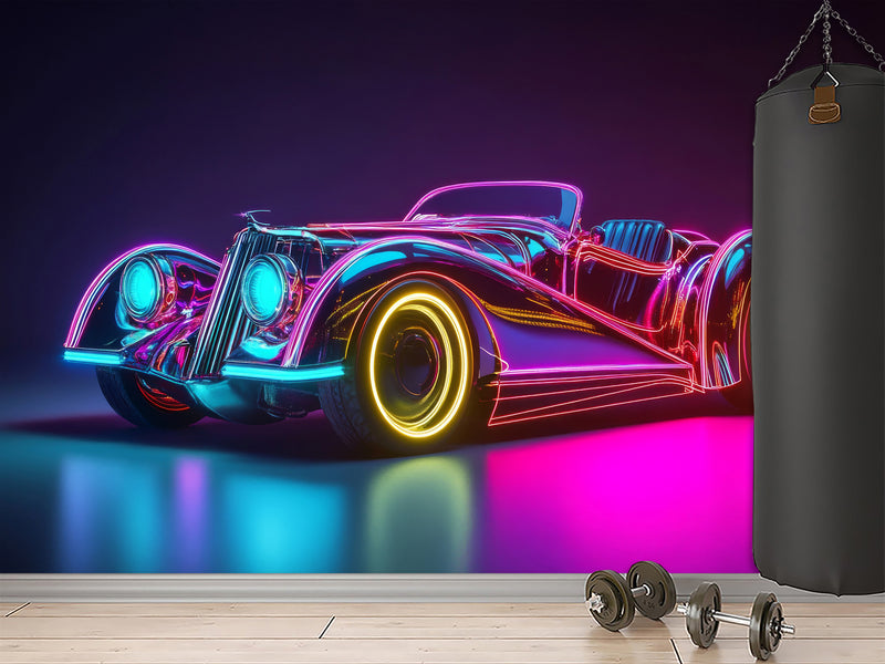 Self-Adhesive Wall Mural for Home Interior Peel and Stick Wallpaper Retro Car in Neon Lights Prant for Bedroom or Gym