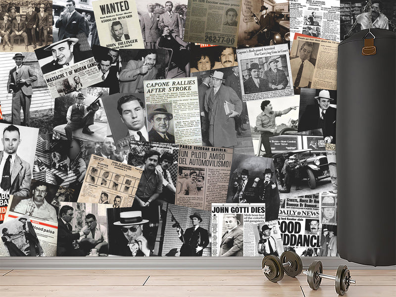 Peel and Stick Mural for Gym, Living Room, Workshop – "Gangsters and Mafia" Vintage-style Wallpaper Featuring Images of Crime Bosses