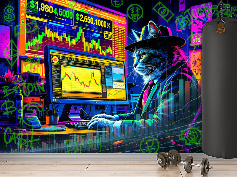 Strategy And Development Vinyl Wallpaper Peel and Stick "Holographic Hacker Cat", Desing For Bedroom And Office