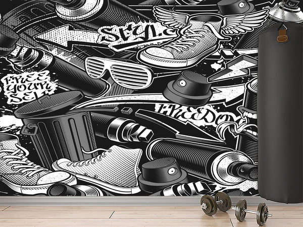 Comic Style Print High-Quality Vinyl Wallpaper Peel and Stick For Wall For Teen Room Studio "Black And White Graffiti"