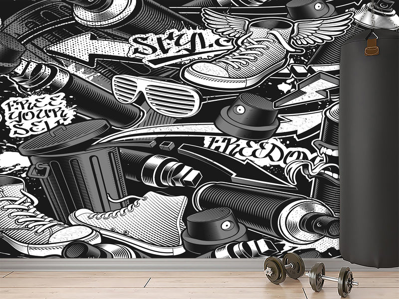 Comic Style Print High-Quality Vinyl Wallpaper Peel and Stick For Wall For Teen Room Studio "Black And White Graffiti"