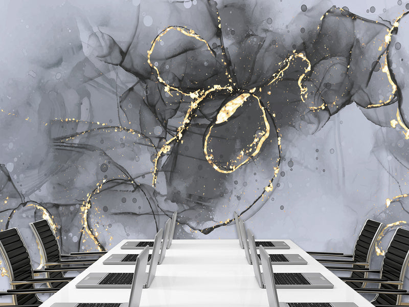 Abstract Style Full Wall Traditional Mural "Grey and Gold Blizzard" For Living Room, Relax Zone, Bedroom