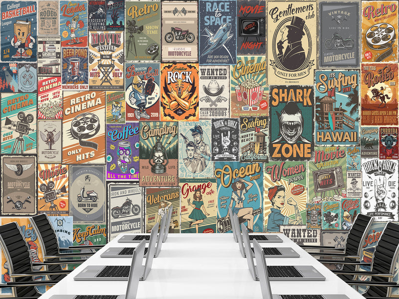 Wall mural Retro Poster Wallpaper – Vintage Ad Style Decor For Gym Or Recreation Room