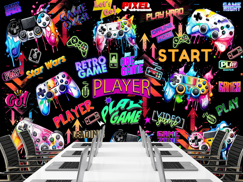 Modern Vibrant Vinyl Wallpaper Peel and Stick “Adrenaline of Victory” – Perfect for Video Game Lovers, Bedroom, Living Room, and Kids’ Room Desing