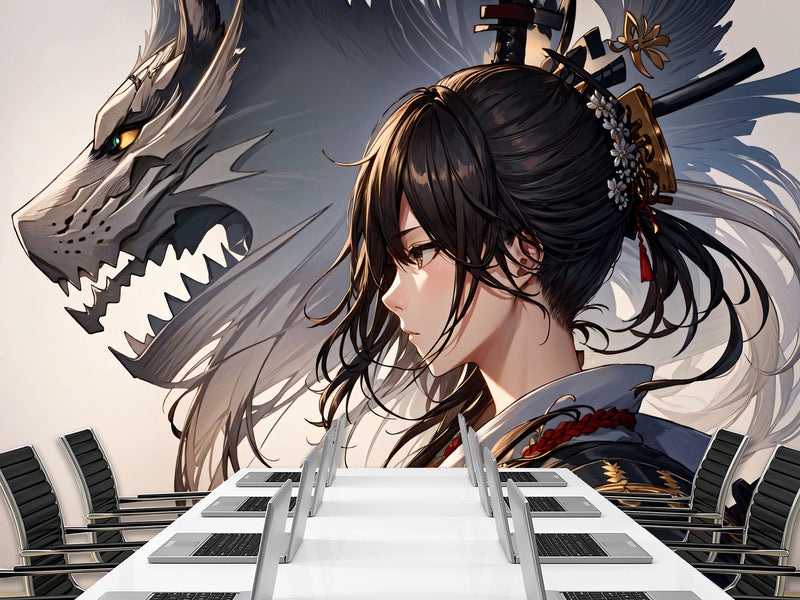 Traditional Anime-Style Wall Mural – "Samurai Girl" for Office or Living Room, Non-Woven Wallpaper