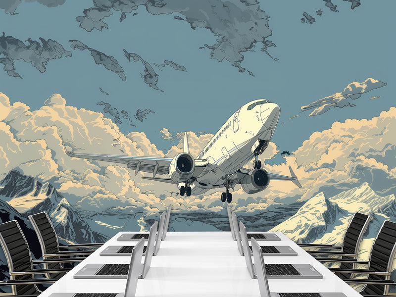 Full Wall Traditional Wallpaper For Office, Home Workspace, Or Studio "Aircraft Flying In The Sky Over Mountains" Comic Style