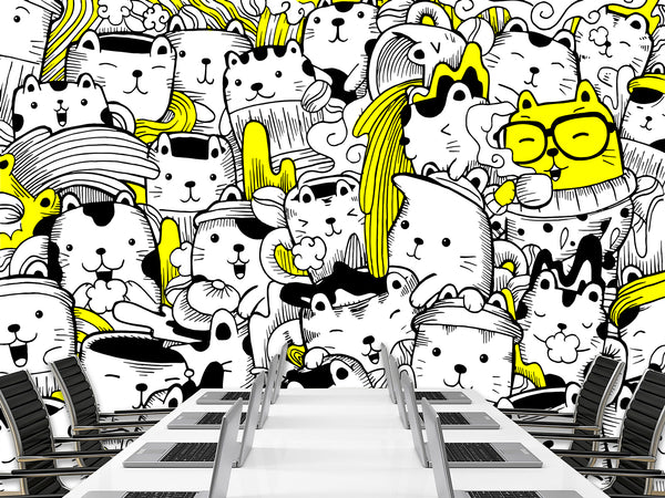 Peel & Stick Wall Mural for Office or Bedroom, Kids Room  – 'Busy Cats' Unique Wall Print