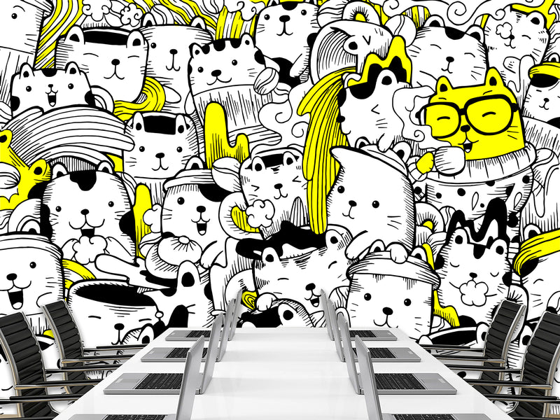 Peel & Stick Wall Mural for Office or Bedroom, Kids Room  – 'Busy Cats' Unique Wall Print