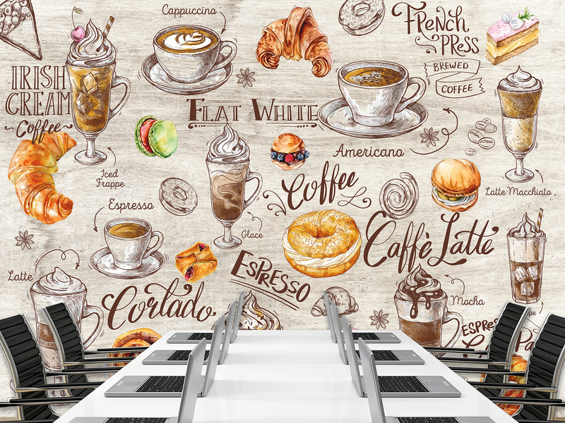 Modern Non-Woven Mural Wallpaper, Vibrant Full-Wall Mural for Kitchen or Café Decor “Coffee and Dessert”