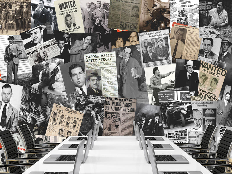 Peel and Stick Mural for Gym, Living Room, Workshop – "Gangsters and Mafia" Vintage-style Wallpaper Featuring Images of Crime Bosses