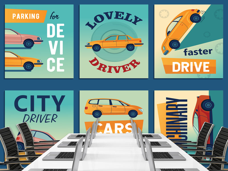 Non-Woven Photo Wallpaper Stylish Retro Car Collage for Office, Living Room, or Gym