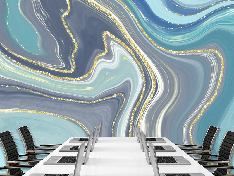 Abstract self-adhesive wallpapers for creating an art space, for office, living room "Gold and Blue Flow"