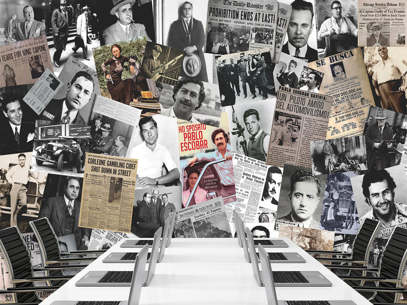 Traditional Mural Wallpaper for Gym, Office, or Lounge – "Gangster Poster Collage", Vintage Wallpaper Featuring Crime Bosses