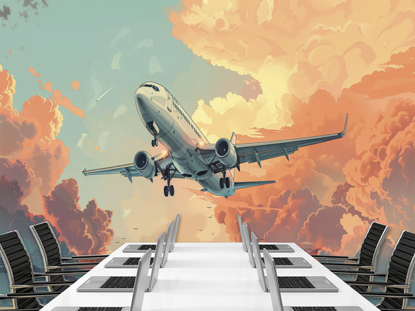 Vinyl Wallpaper Peel and Stick Comic Style Print Mural For Bedroom, Kids Room "Airplane Flying Through the Evening Sky"