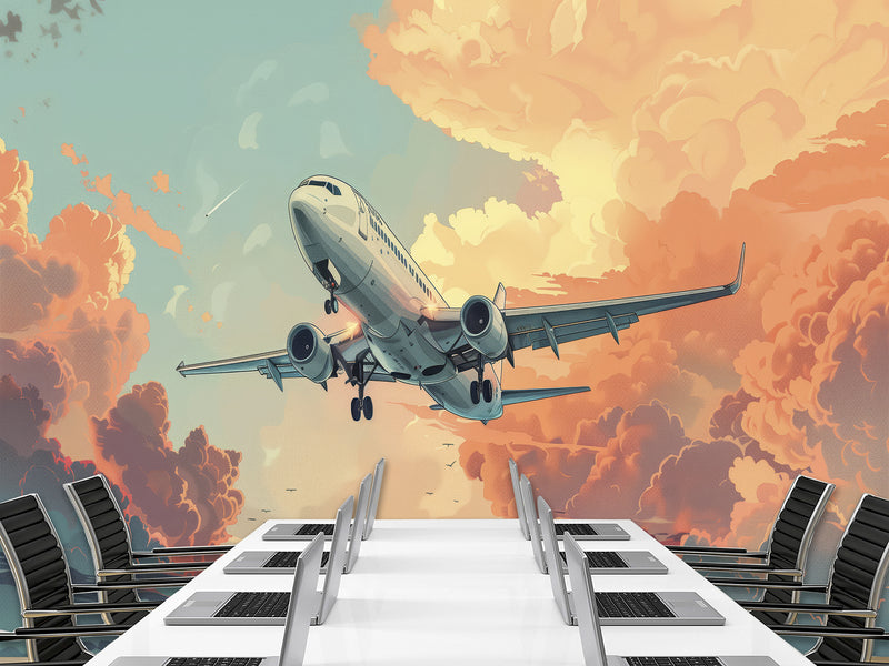 Vinyl Wallpaper Peel and Stick Comic Style Print Mural For Bedroom, Kids Room "Airplane Flying Through the Evening Sky"