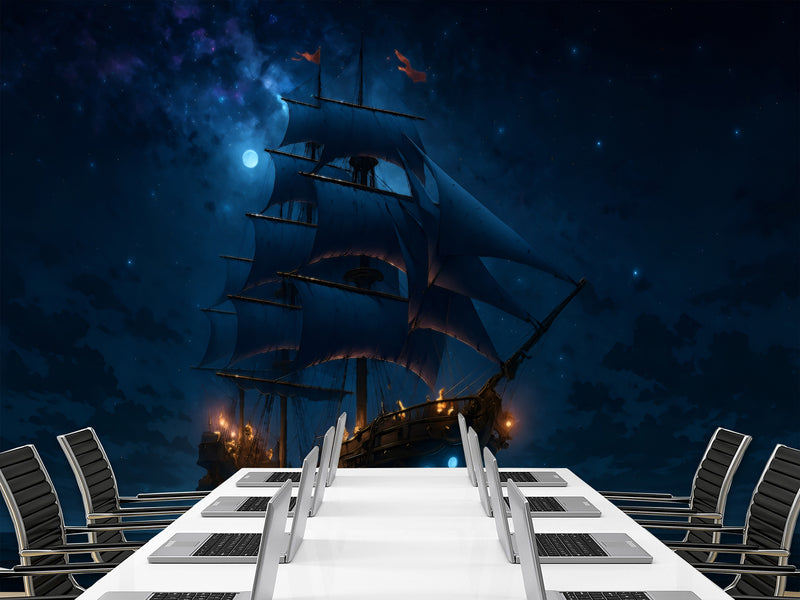 Sea Print Peel and Stick Wall Mural for Office, Living Room, Hall "Ship in the Moonlit Night" 🌙